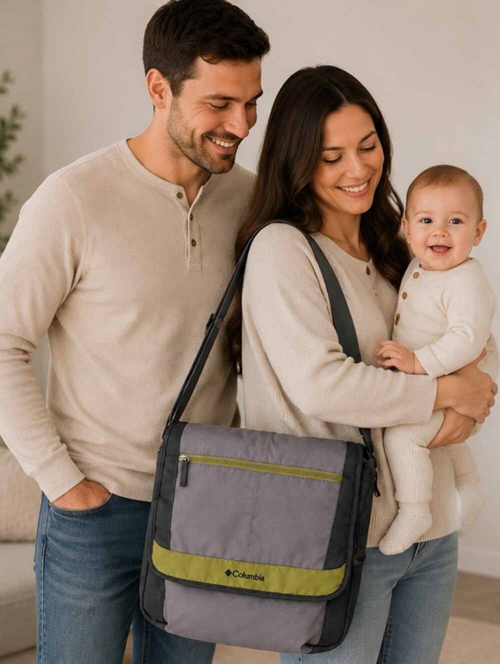 2/$40 Columbia Diaper Bag Messenger Gray Green Multi Pocket Insulated Bottle